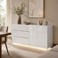 Sideboard Kommode Weiß Hochglanz, Modern Mit LED Beleuchtung, 3 Schubladen, 2 Türen, 160 cm Breit