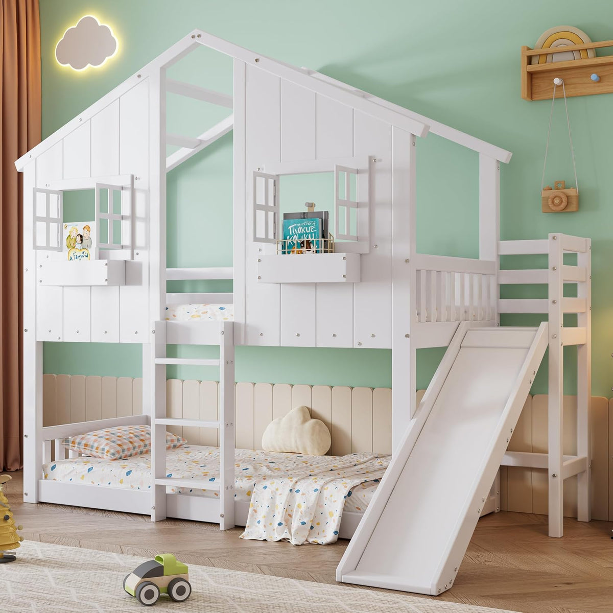 Kinderbett Etagenbett, 90 × 200, Hochbett Hausbett für 2 Kinder, Stockbett mit Rutsche&Leiter&Fenstern&Dach&Aufbewahrungsbox