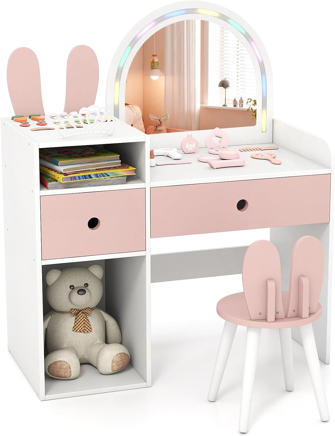 Schminktisch Kinder, mit Beleuchtung, Frisiertisch mit bunten LED-Lichtern & Hocker, offenen Fächern