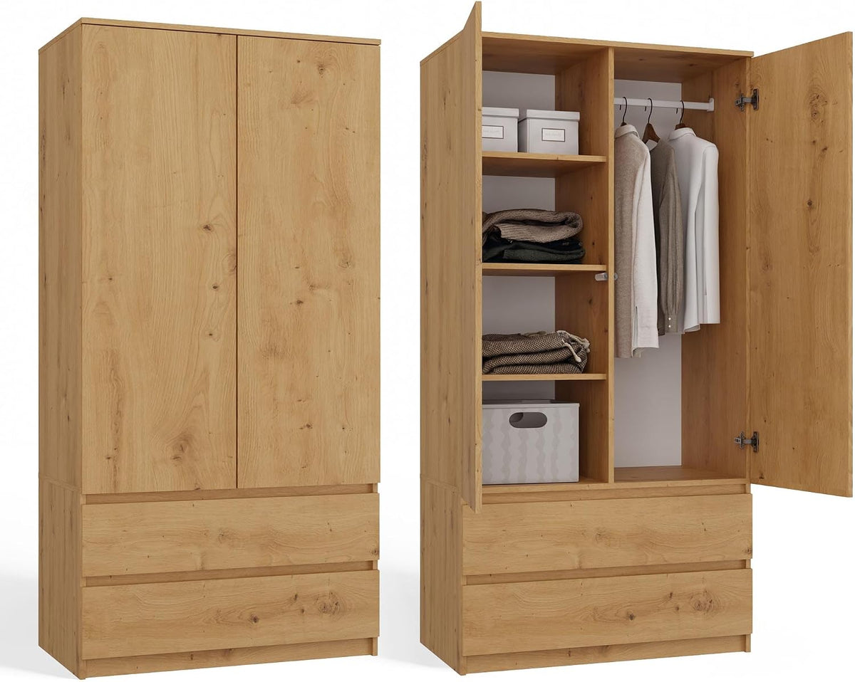 Kleiderschrank, 90 cm breit Zweitüriger Flurschrank mit 2 Schubladen, CDF