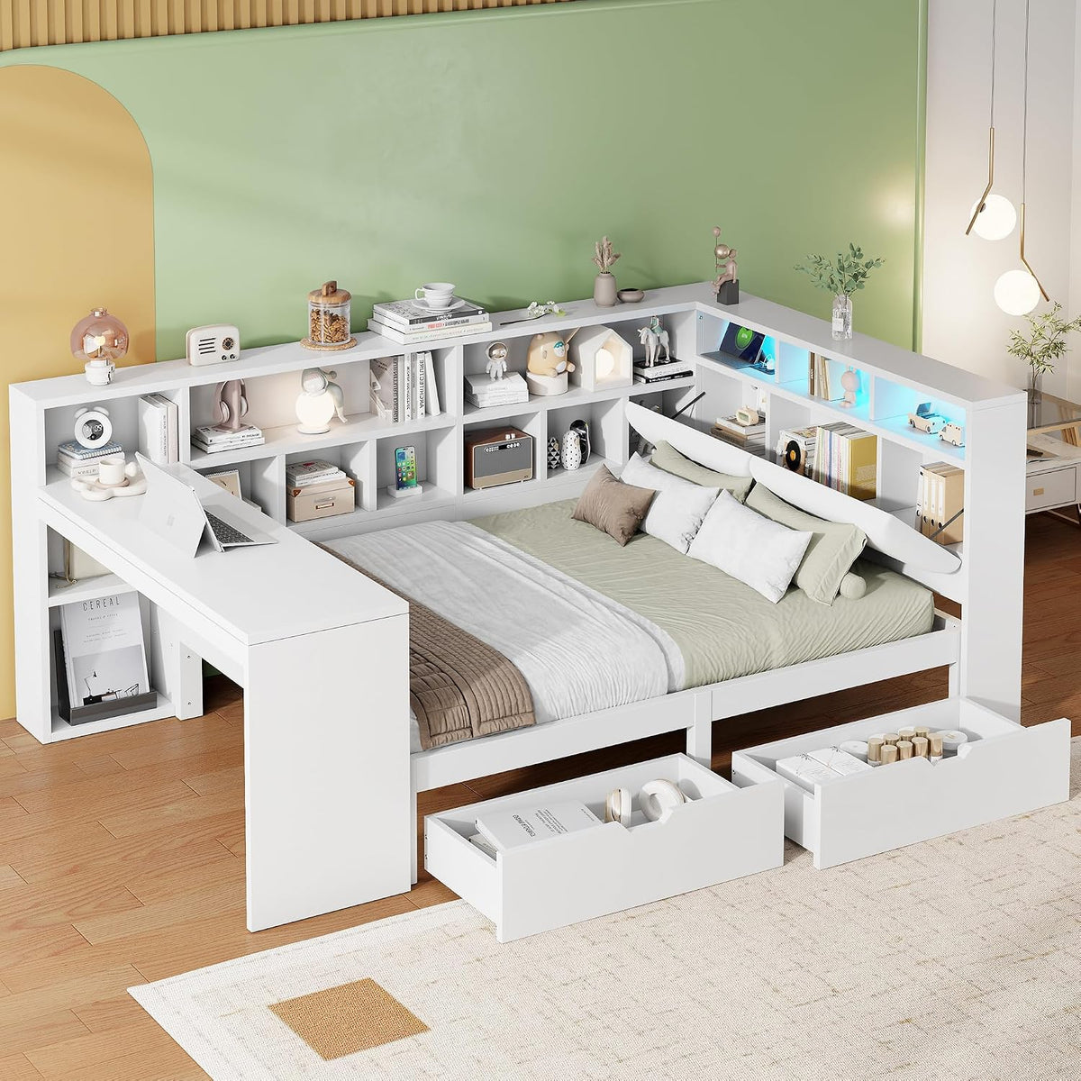 Bett L-förmiges Holz-Plattform, mit Schreibtisch und Bücherregal, Eck-Kapitänsbett mit gepolstertem Kopfteil, Schubladen unter dem Bett