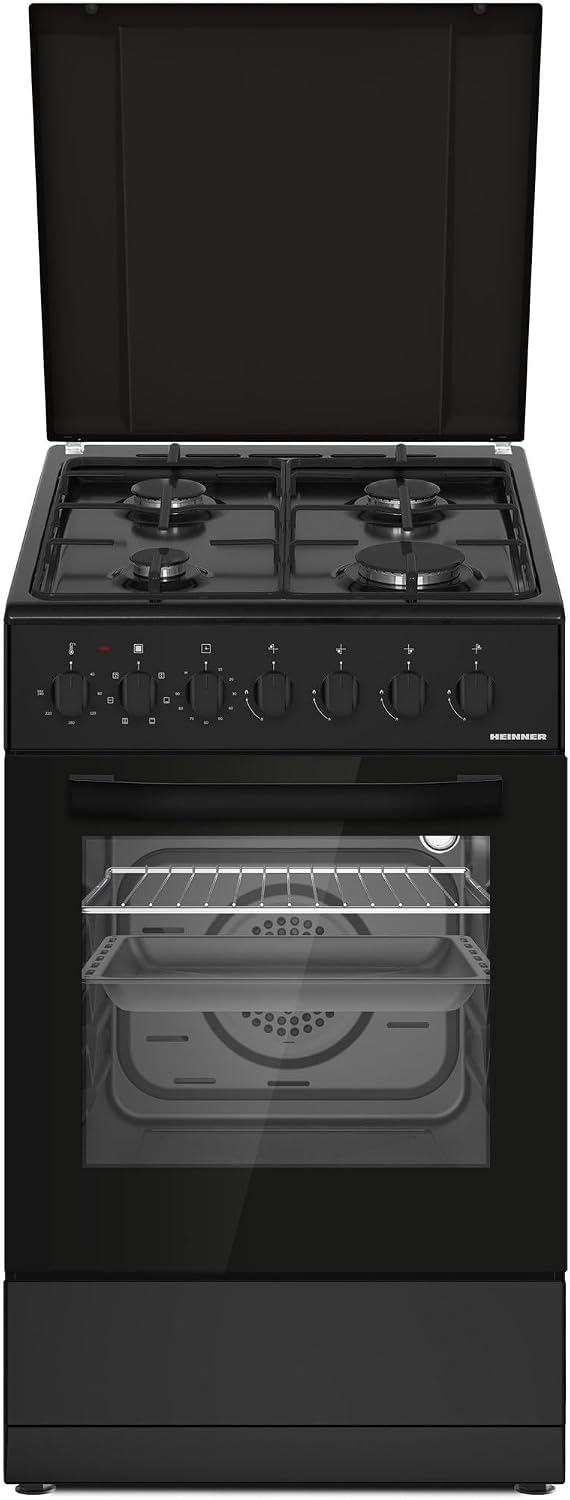 HEINNER Kochfeld, HFSC-S60LITGC-BK, Kombi-Herd mit 4 Gasbrennern & Elektro-Backofen, Emaille-Graten, Sicherheitsabschaltung, Timer & Ofenlicht