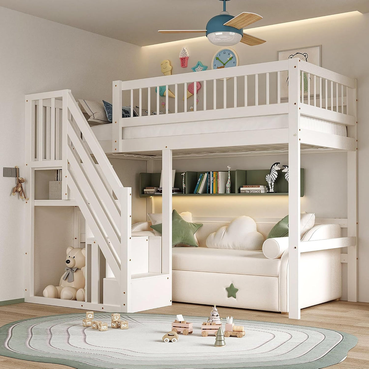 Kinderbett 90x200 Etagenbett, Hochbett mit Treppe und Aufbewahrungsschrank