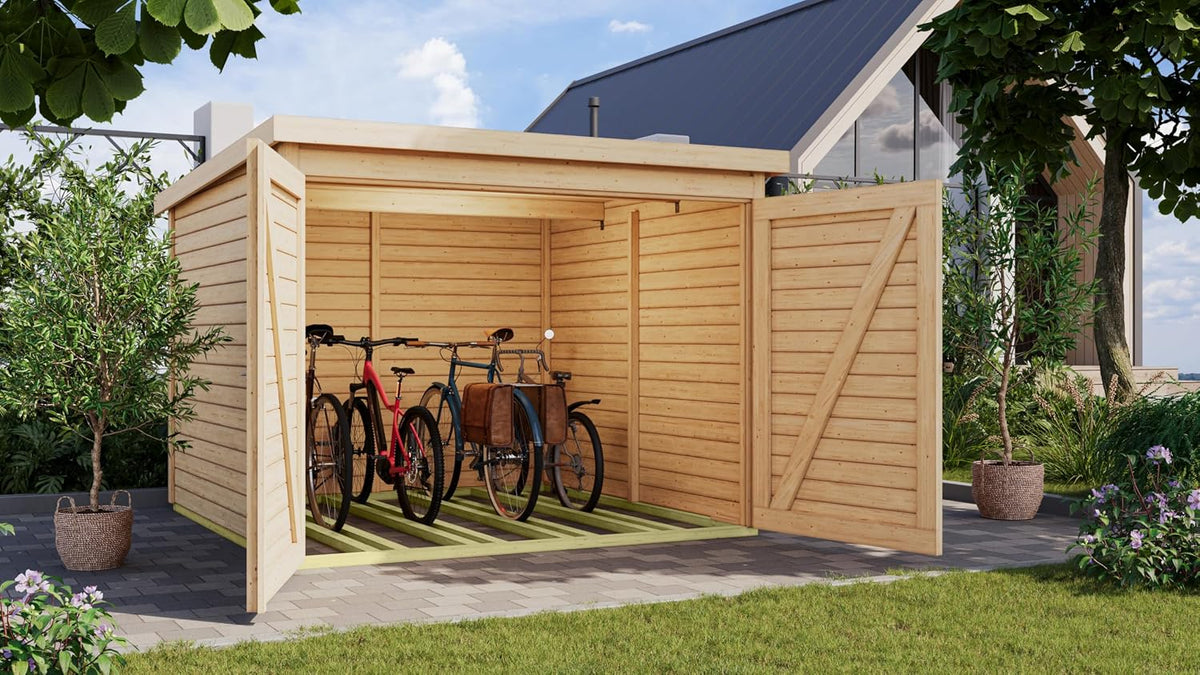 Chillroi Fahrradhalter- & -ständer, Karibu Fahrradgarage aus nordischer Fichte für 4 Fahrräder, Wetterfest, 6 m² Grundfläche