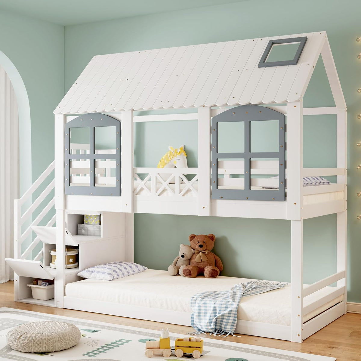 Kinderbett 90x200cm Etagenbett, Hochbett für 2 Kinder, Baumhausbett mit Rausfallschutz & Lattenrost, Hausbett mit Dach & Fenster