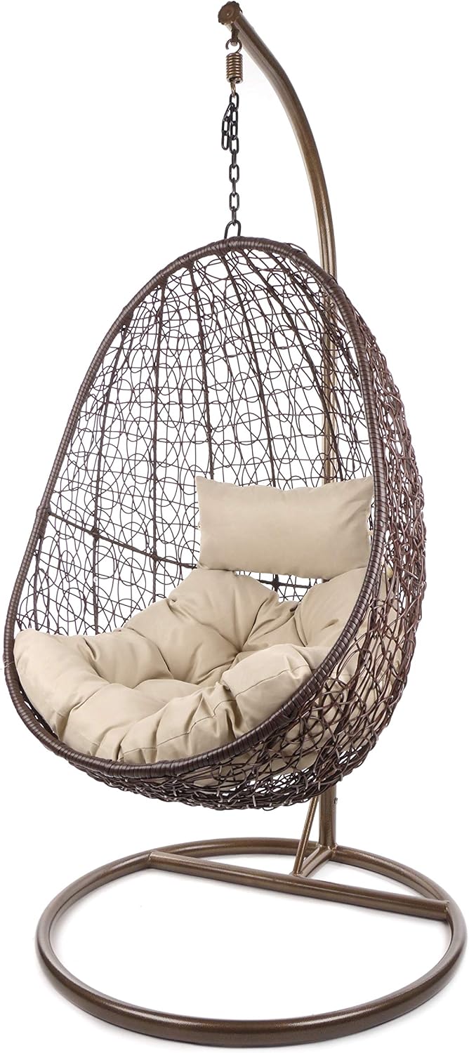 Hängesessel Komplettset, mit Gestell & Kissen, Korbsessel, Poly-Rattan (Gestell- und Korbfarbe: braun