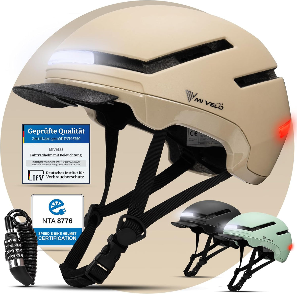 MIVELO NTA 45km Fahrradhelm Damen Herren Erwachsene mit Licht inkl. Helmschloss Zertifiziert bis h Helm geeignet für E-Bike, & S-Pedelec