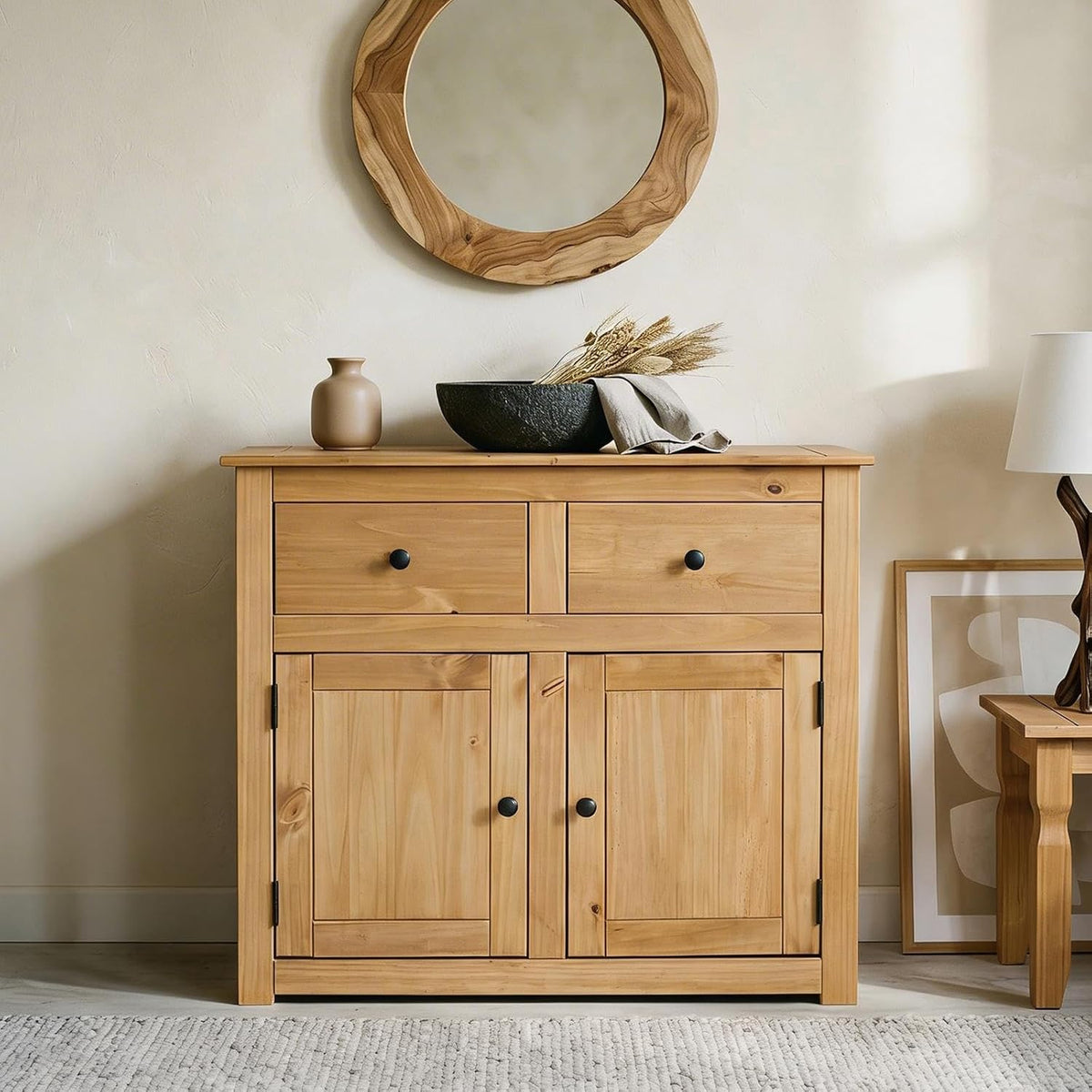 Kommode, Cancun im Landhaus Stil aus Kiefer massiv, Moderne Anrichte mit 2 Schubladen und Türen, Sideboard mit gebeizter gewachster Oberfläche