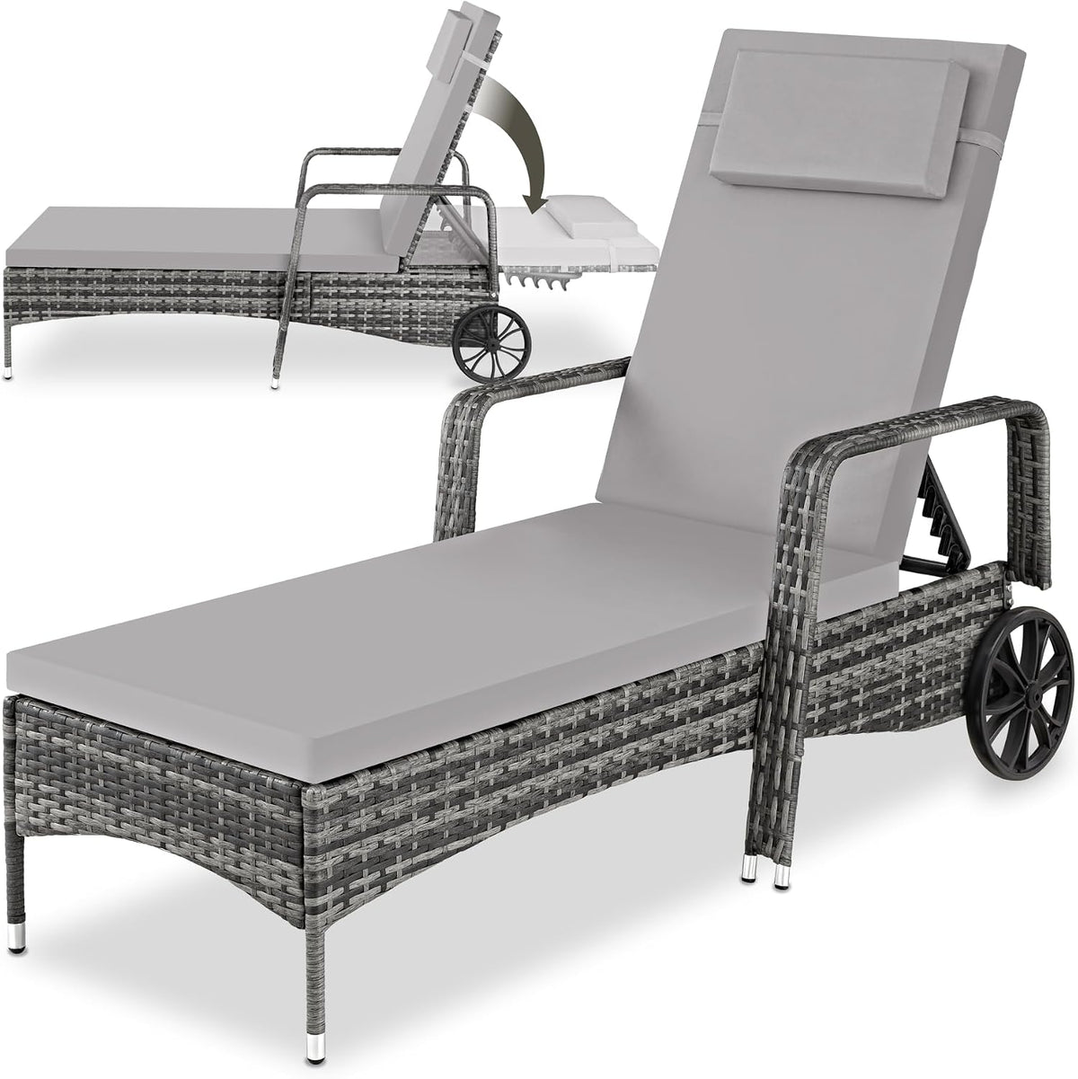 Liege Poly Rattan Garten, mit Rollen, 6-Fach höhenverstellbarer Liegestuhl, bis 120kg belastbar, Sonnenliege Rattan (wetterfest)