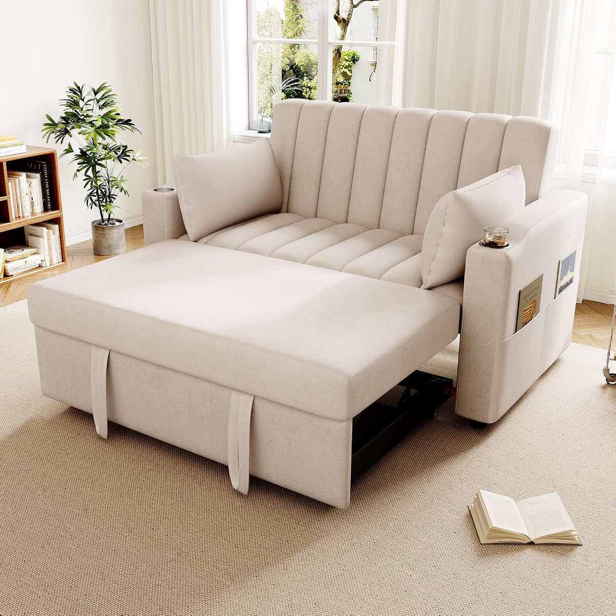 Sofa Schlaf, 2-Sitzer Sofa mit Schlaffunktion, Klappbares 3-in-1 Schlafcouch mit Verstellbarer Rückenlehne, 2 Getränkehalter und Armlehnentaschen