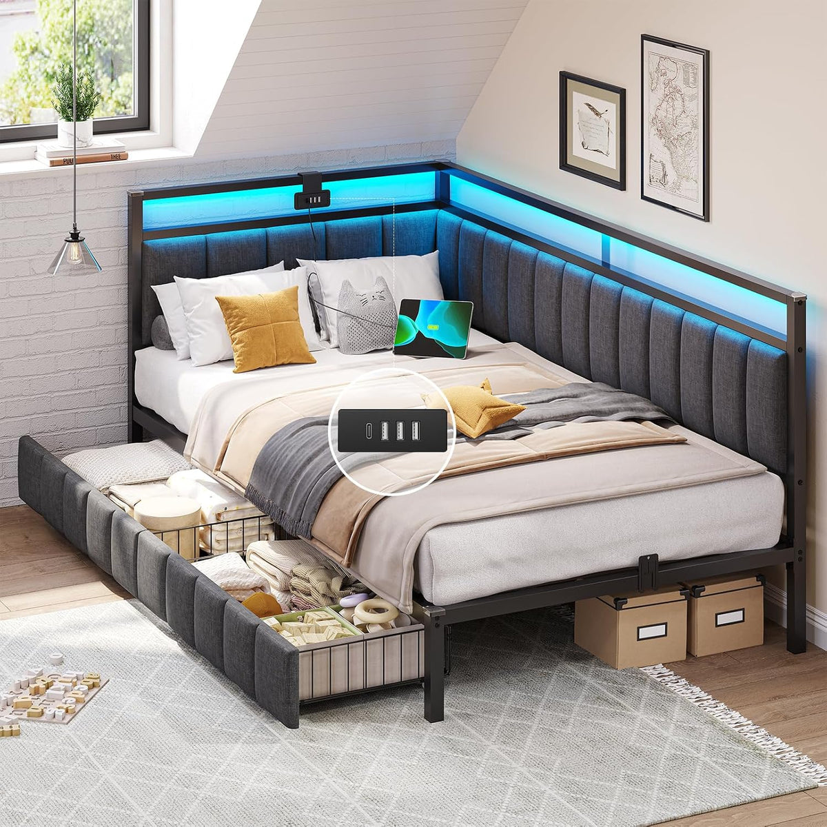 Bettgestell 90x200 90x200 2 Polsterbett Schlafsofa mit LED-Beleuchtung und USB-Ladestation Jugendbett Tagesbett mit Lattenrost aus Metall und