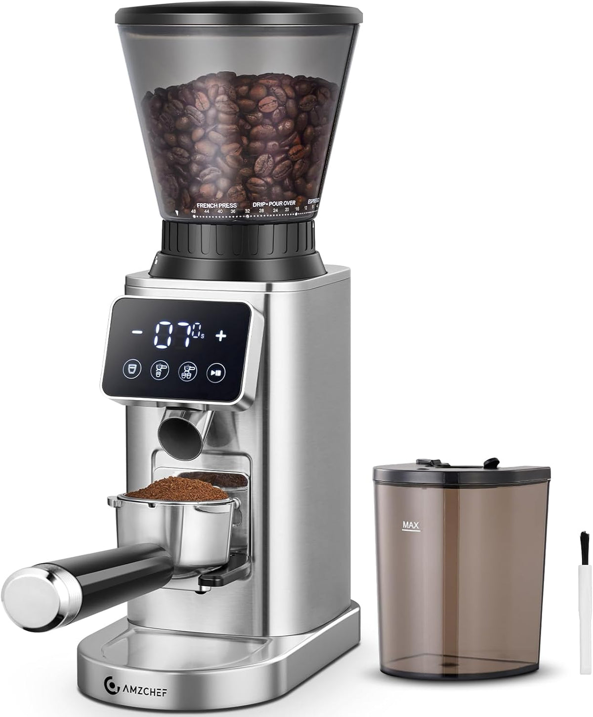AMZCHEF Elektrische Kegelmühlen, Kaffeemühle Elektrisch mit 48 Mahlgraden, Edelstahl-Kegelmahlwerk