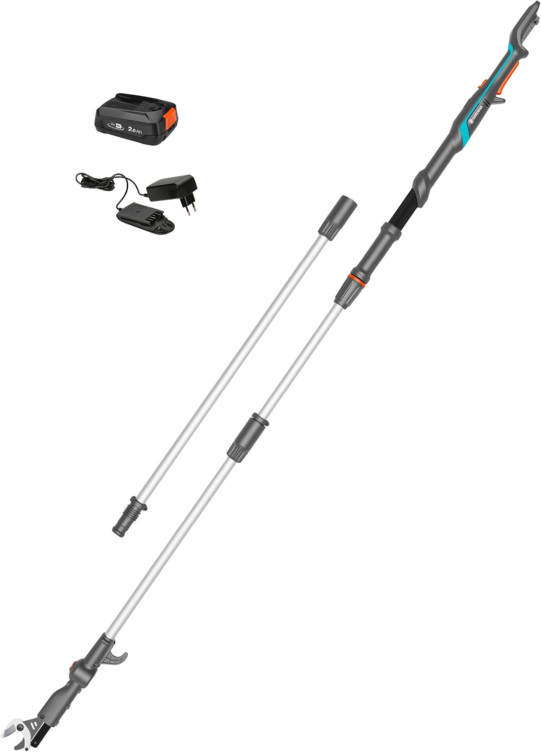 Gardena Gartenscheren, Akku-Teleskop-Baumschere HighCut 360/18V P4A Ready-to-Use Set: Bis zu 5 m Reichweite, Schwenkbarer Schneidkopf, Ergonomisch