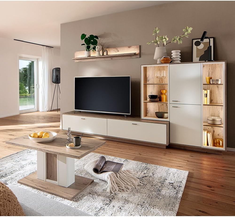 Couchtisch 4-teilig 1 1 1 1 Wohnmöbel Set Wohnwand Eiche weiß modern Wandboard Lowboard Highboard, inkl. LED-Beleuchtung, Lomadox