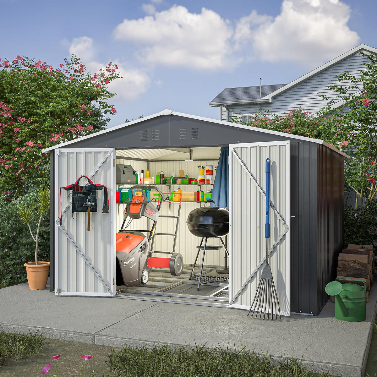 Thanaddo 300x250x191 Gerätehaus Metall Groß Geräteschuppen cm mit Fundamentrahmen Wetterfest Gartenhaus, mit Belüftungslöcher & Abschließbarer Tür