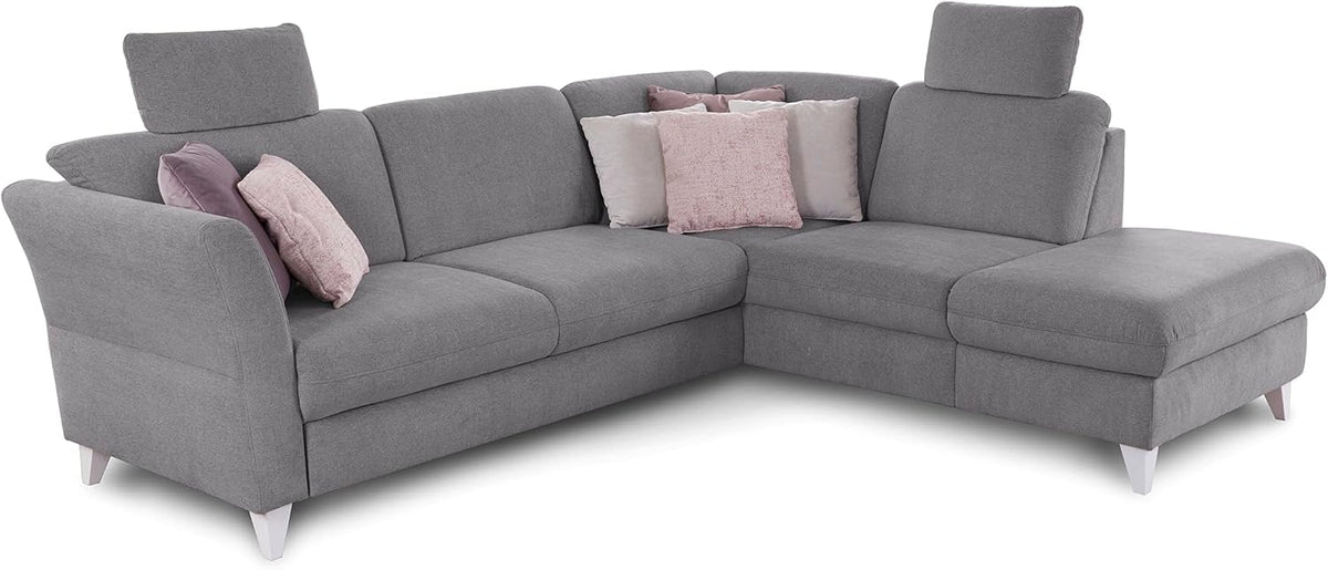 Sofa Schlaf, Trend/Skandinavisches Ecksofa mit Federkern, Bettfunktion, Stauraum in der Ottomane und 2 Kopfstützen/249 × 86 × 162/Chenille, Grau