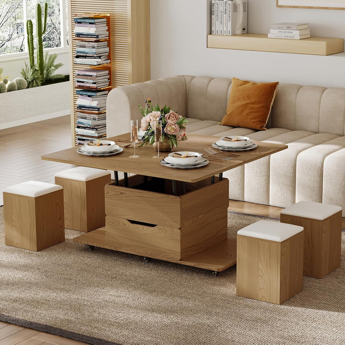 Couchtisch Höhenverstellbarer, mit Stauraum und 4 Hockern & Rollen, Multifunktionaler Wohnzimmertisch für kleine Räume, Homary