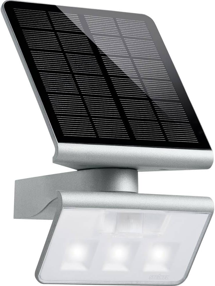 Steinel Sicherheitsbeleuchtung, Solar-Außenleuchte XSolar L-S silber, 140° Bewegungsmelder, 8 m Reichweite, für Garten, Terrasse und Hauswand