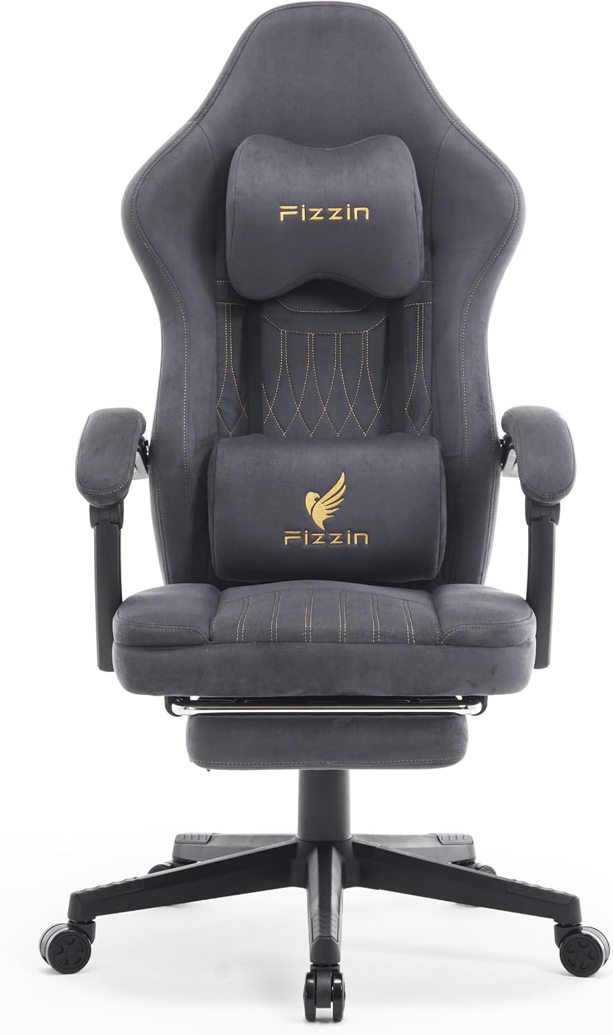 Fizzin Gaming-Stühle, Pizzin Gaming Stuhl, ergonomisch, höhenverstellbar, mit Fußstütze, Schwarz