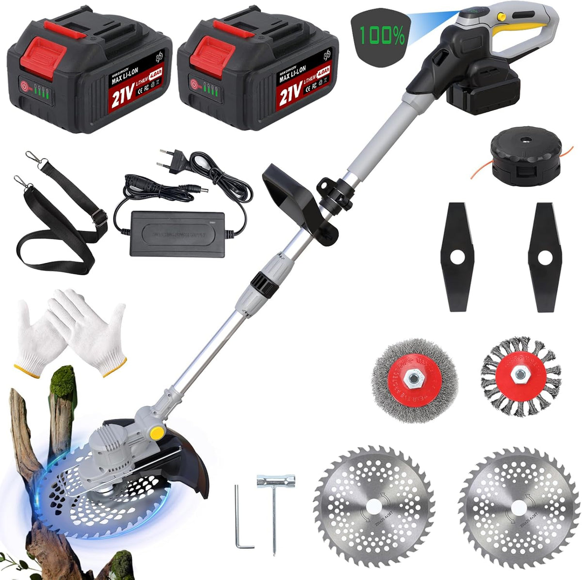 YUTVCZO Akku Rasentrimmer, für Makita Akkus, 21V Freischneider Akku, mit 2 × 4.0Ah Batterie & Ladegerät, 750W Bürstenloser Motor, Tap&go (grau)