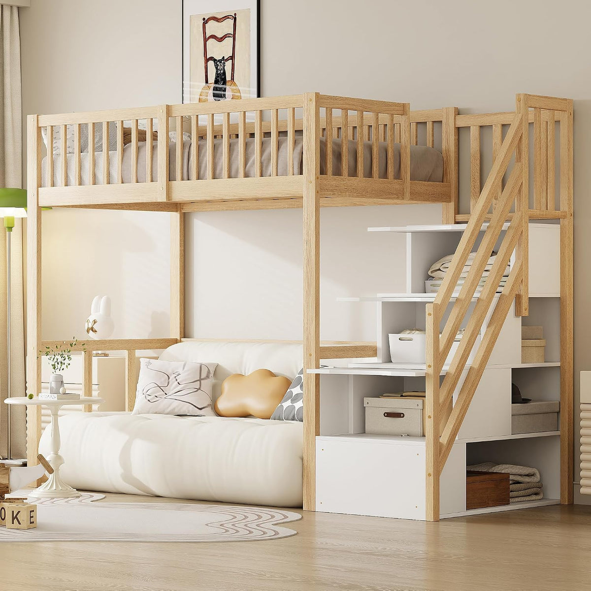 Kinderbett 90 200 Hochbett x cm Multifunktionales, mit Stauraum Treppe, Holzfarbe und Weiß (Ohne Matratze), Merax