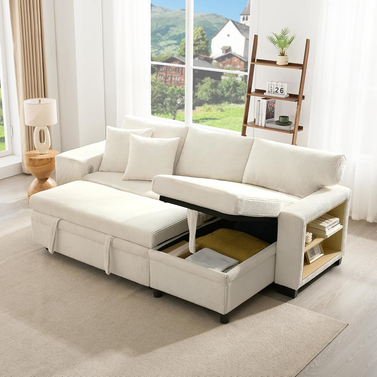 Sofa Eck, mit Schlaffunktion, Klappsofa L-Form mit USB-Ladeanschluss, Stauraum & Regal, 3-Sitzer Schlafcouch aus Cord Beige (Beige-B, Luscriate