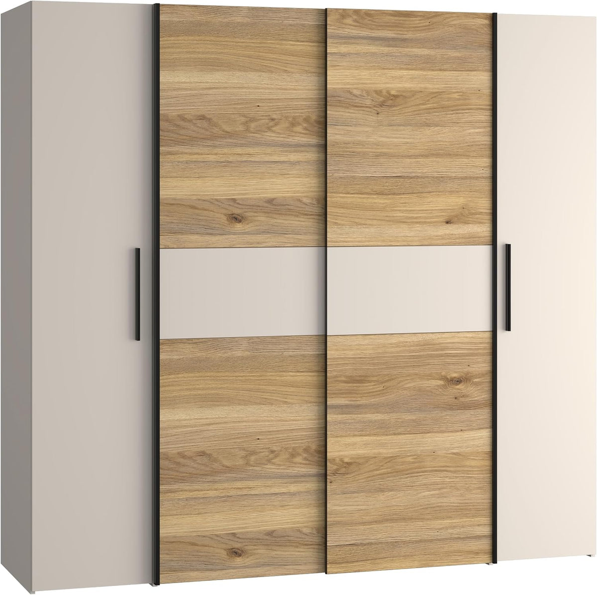 Kleiderschrank KALIXTUS, 200, moderner Dreh-/Schwebetürenschrank, 4-türig, geräumig, Holzwerkstoff, Eiche Holzdekor/Kaschmir Beige, 1 cm breit × 190