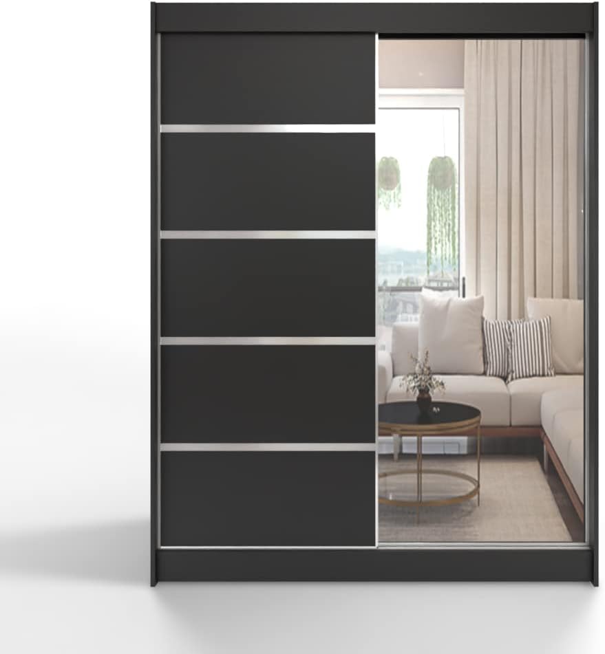 Kleiderschrank ML 150 Schiebeschrank cm mit Spiegel, Schlafzimmer, Mehrzweckschrank Wohnzimmer- 150 × 200 × 58 cm, Farbe: Schwarz, Schwebetürenschrank