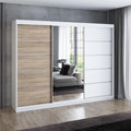 Kleiderschrank VILUNO 1 Schwebetürenschrank, 3-türig 200 cm mit Spiegel, 4 Schubladen & 2 Kleiderstangen, Geräumiger Schlafzimmerschrank (Weiß/Sonoma)