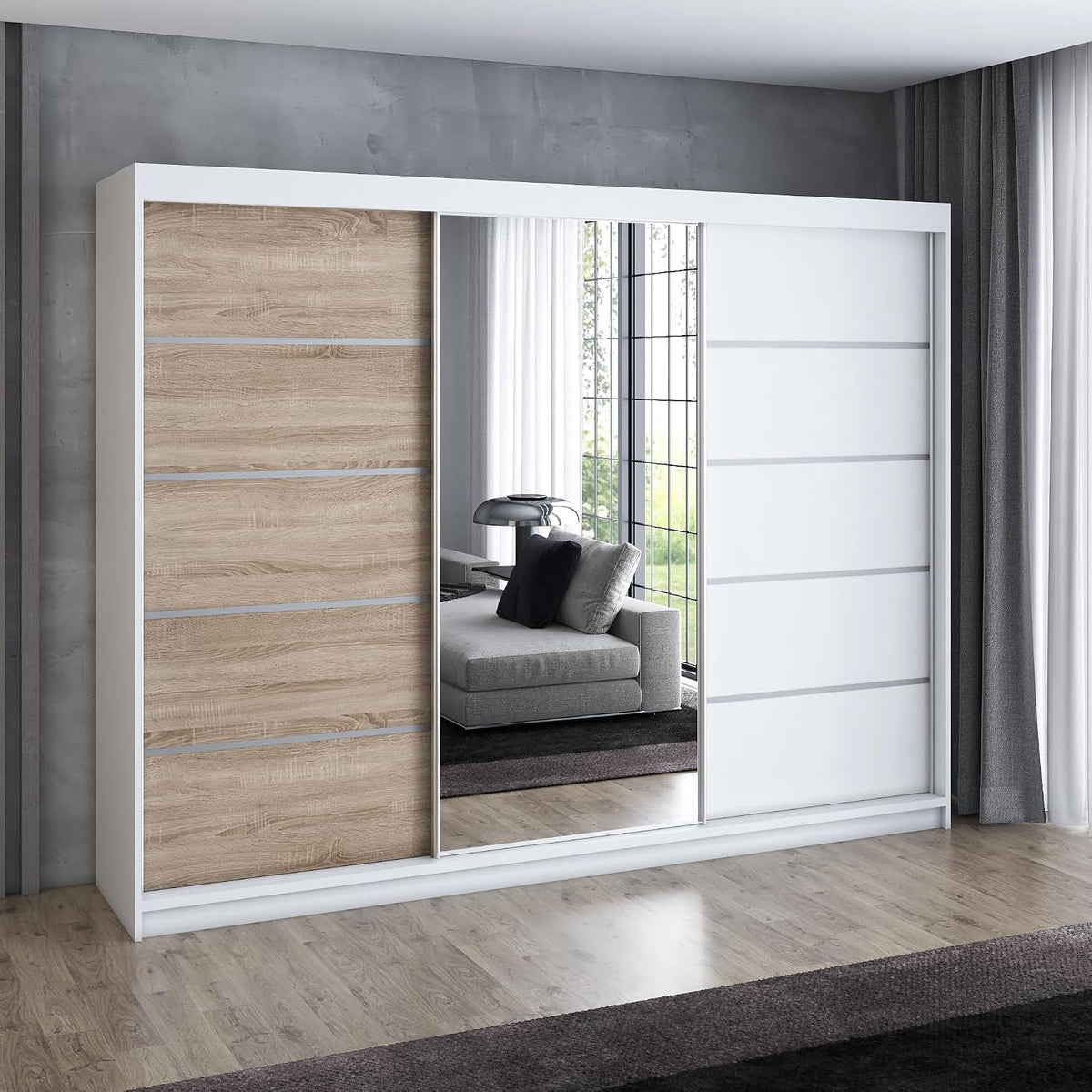 Kleiderschrank VILUNO 1 Schwebetürenschrank, 3-türig 200 cm mit Spiegel, 4 Schubladen & 2 Kleiderstangen, Geräumiger Schlafzimmerschrank (Weiß/Sonoma)
