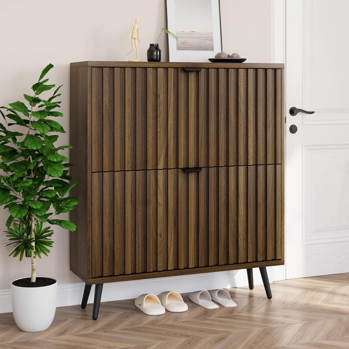 Schuhschrank, mit 2 Klappschubladen, 80 cm, Walnussholz, freistehend Schuh-Organizer für Eingangsbereich, Flur, Wohnzimmer, Smuxee