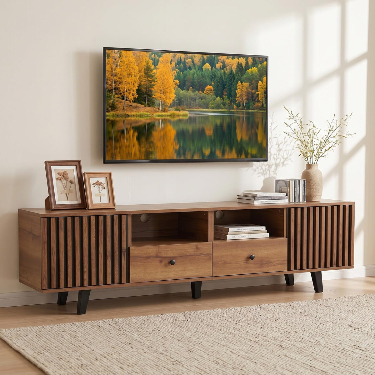 TV-Lowboard, TV-Schrank, Lowboard für Fernsehtisch bis zu 80 Zoll, Vintagebraun-Schwarz, ELUCHANG