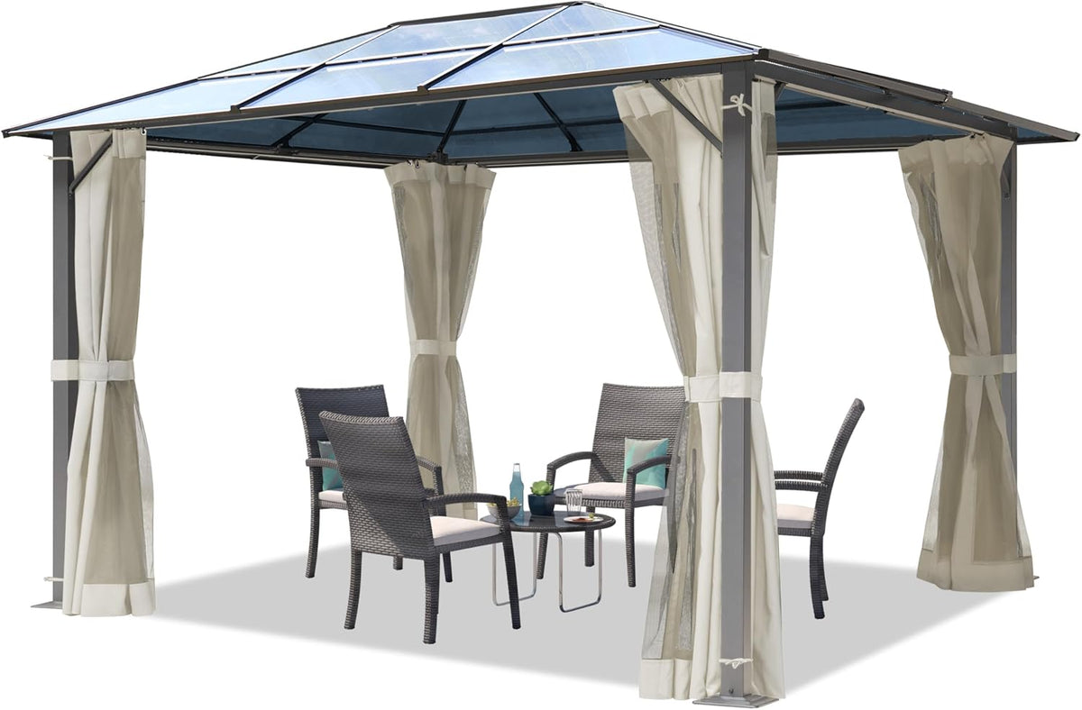 Pavillon Garten, 3 × 3, 65 m Hardtop Polycarbonat Dach ca. 6 mm - crème, TOOLPORT