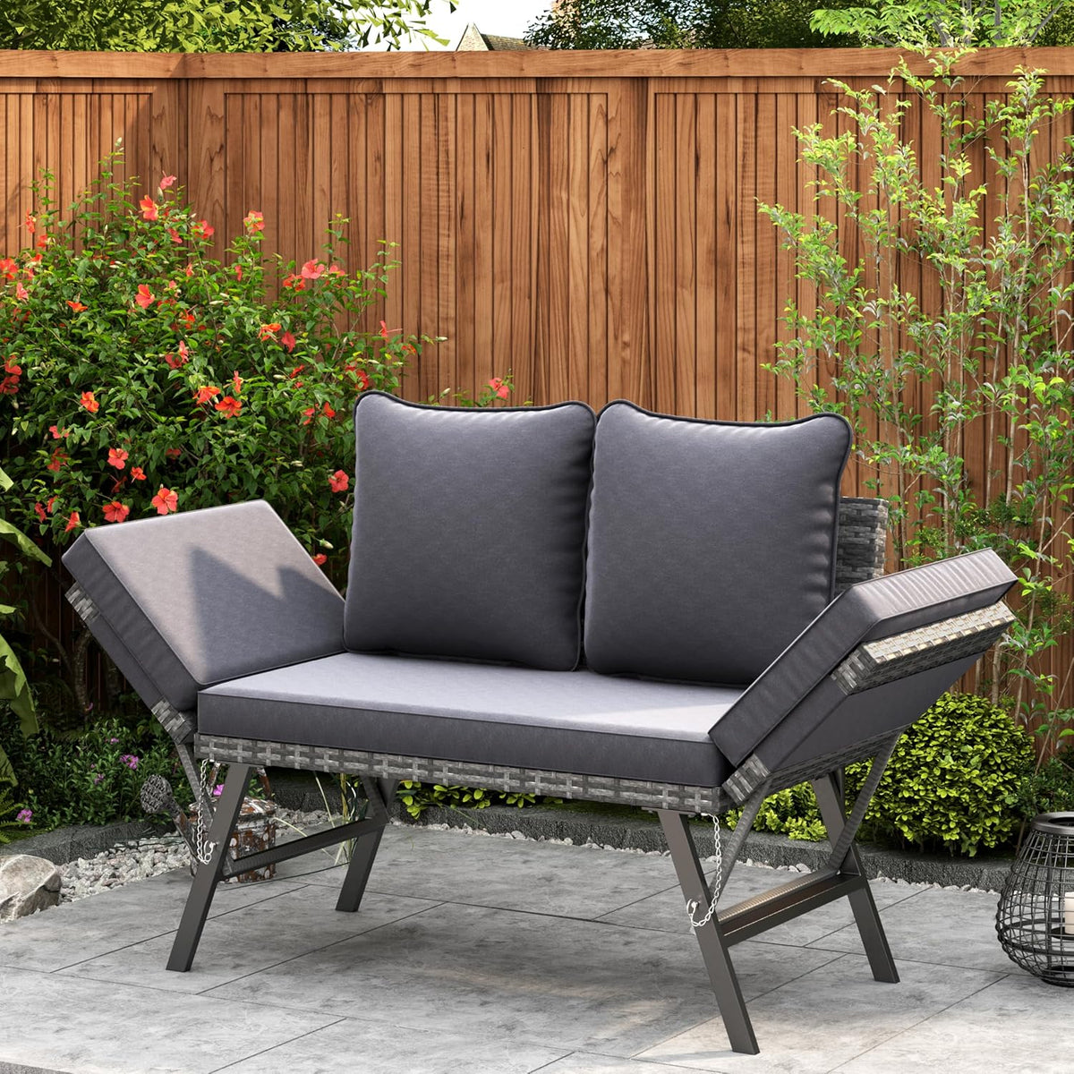 Sofa 2-Sitzer Gartenbank Polyrattan mit Liegefunktion Garten, mit verstellbaren Armlehnen, wetterfestes Outdoor Sofa für Garten, Balkon & Terrasse