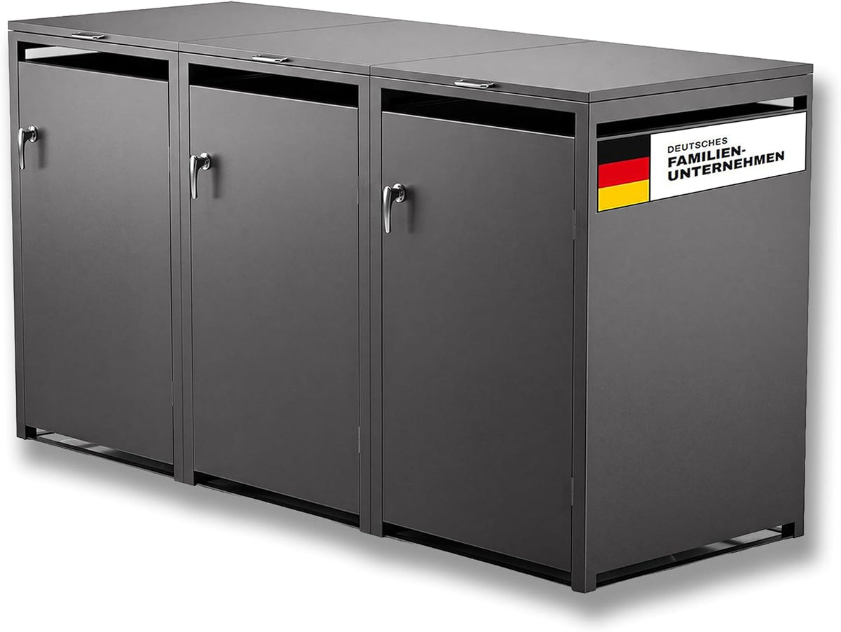Metzler Mülltonnenbox, 3er 240L in Eisenglimmer, Mülltonnenverkleidung für 3 Tonnen abschließbar und mit Automatikdeckel