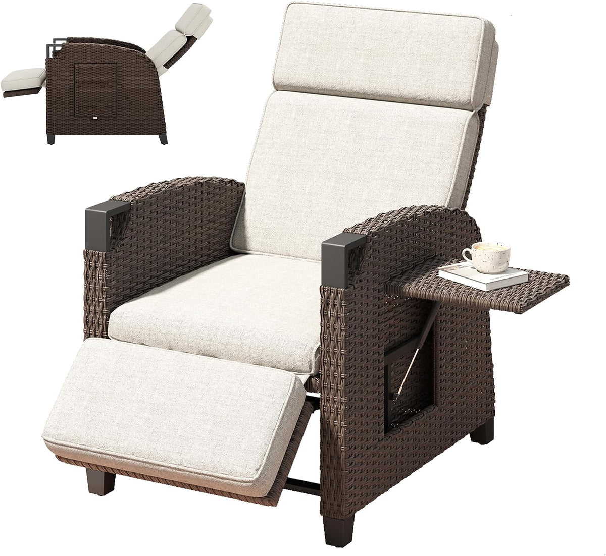 Liege Relax, Liegesessel, Rattan Sonnenliege mit Verstellbar Rückenlehne und Klapptisch, Outdoor Gartensessel wetterfestes, für Terrasse, Balkon