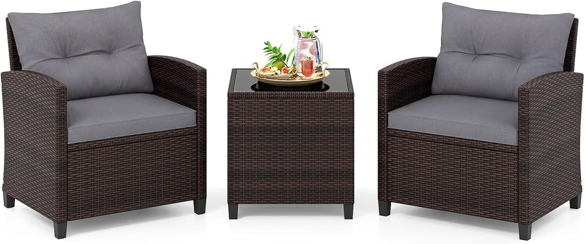 Gartenmöbel-Set, 3-TLG. Balkonmöbel inkl. 2 Sessel, Kissen & Tisch mit gehärteter Glasplatte, Balkon Möbel klein, Wetterfeste Sitzgruppe 2 Personen