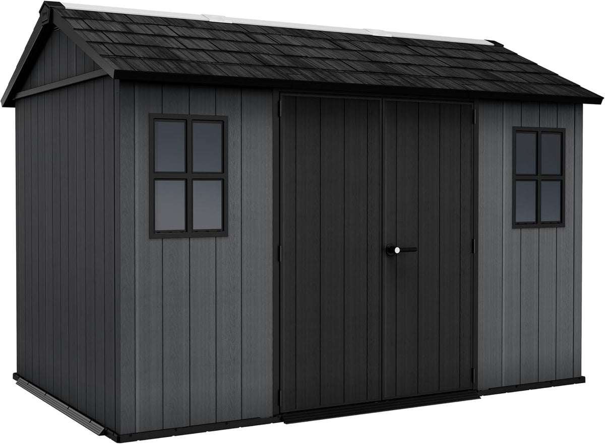 Keter 1175 Newton Kunststoff Gartenhaus, mit Holzoptik, wetterfest, wartungsfrei, 230 × 350 × 246cm, Doppeltür, Fenster, Belüftung, Bodenplatte