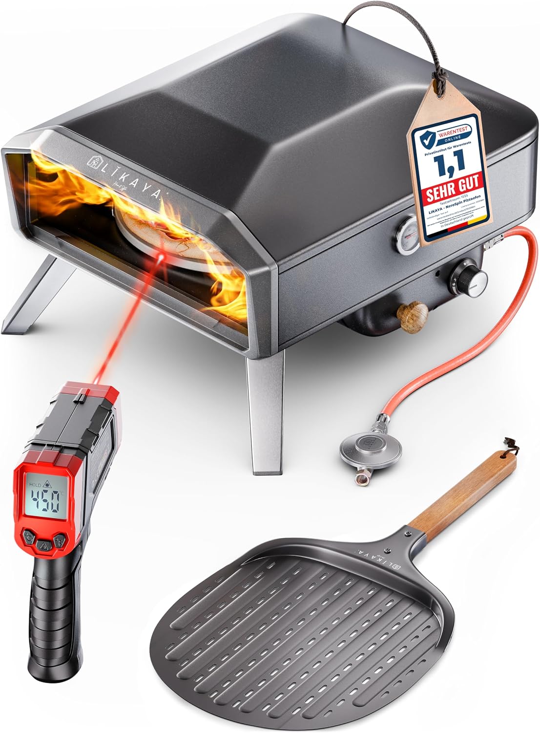 LIKAYA NeroSpin Pizzaofen, Gas, Pizzaschaufel, Tasche & Laser Thermometer, knusprige Pizza in nur 90 Sekunden!