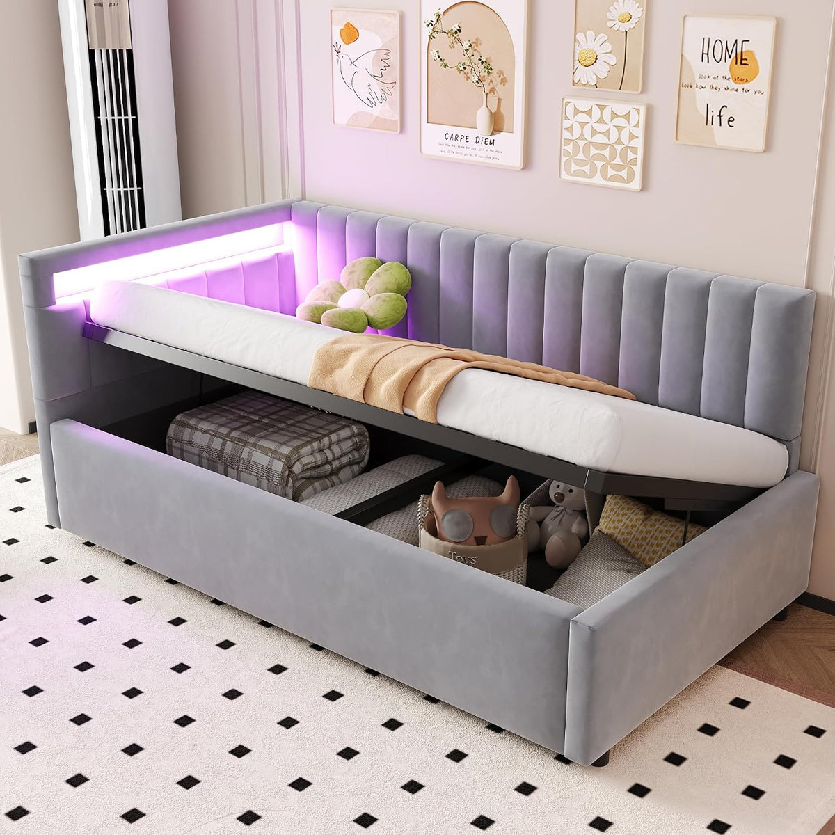 Kinderbett, Polsterbett 90 × 200 cm, Schlafsofa Einzelbett mit LED und Hydraulischem Stauraum