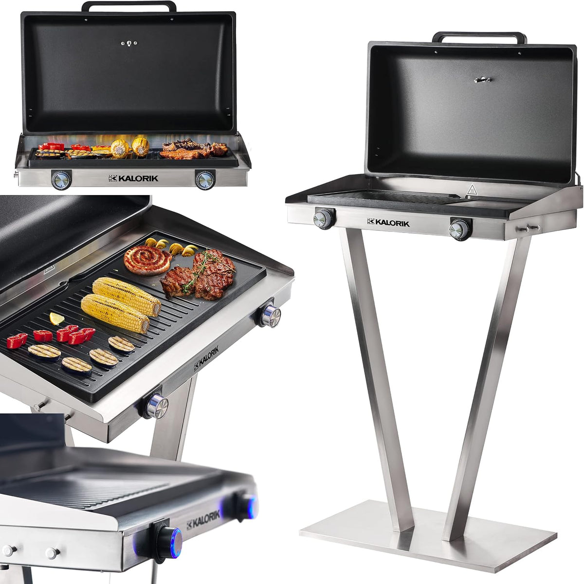 Kalorik Elektrogrills, TKG EBBQ 1002 L XXL Elektrogrill mit Standfuß und Deckel, 2500W Standgrill Elektro aus Edelstahl