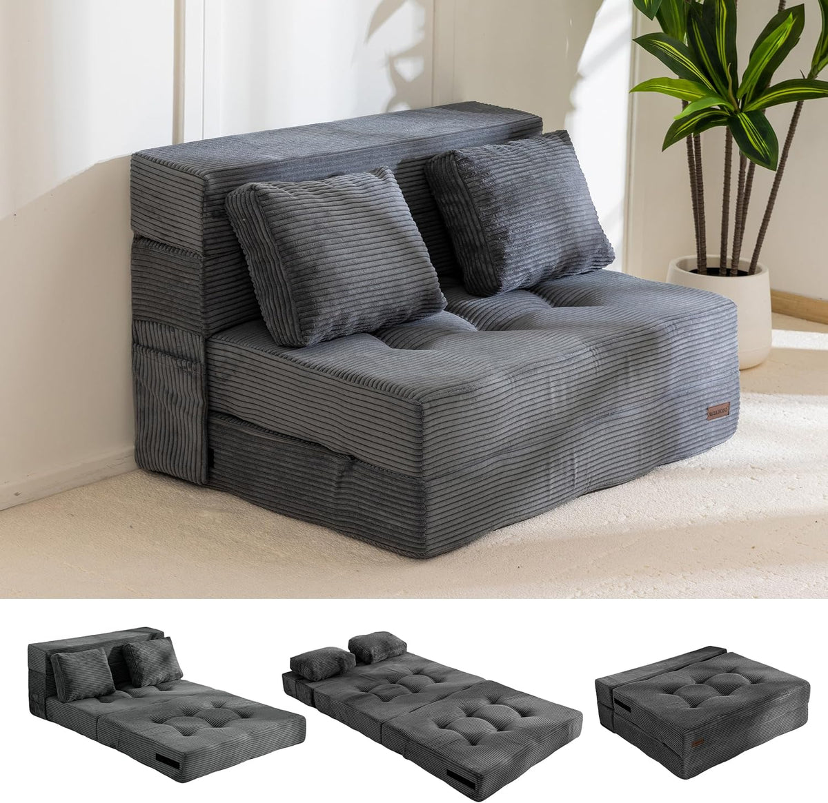 Sofa Schlaf, Bodensofa mit 4-Teilige Bequem Klappmatratze 15cm Dickem und 2 Kissen, Klappsofa mit Schlaffunktion, Gästematratze Klappbar, MAXYOYO