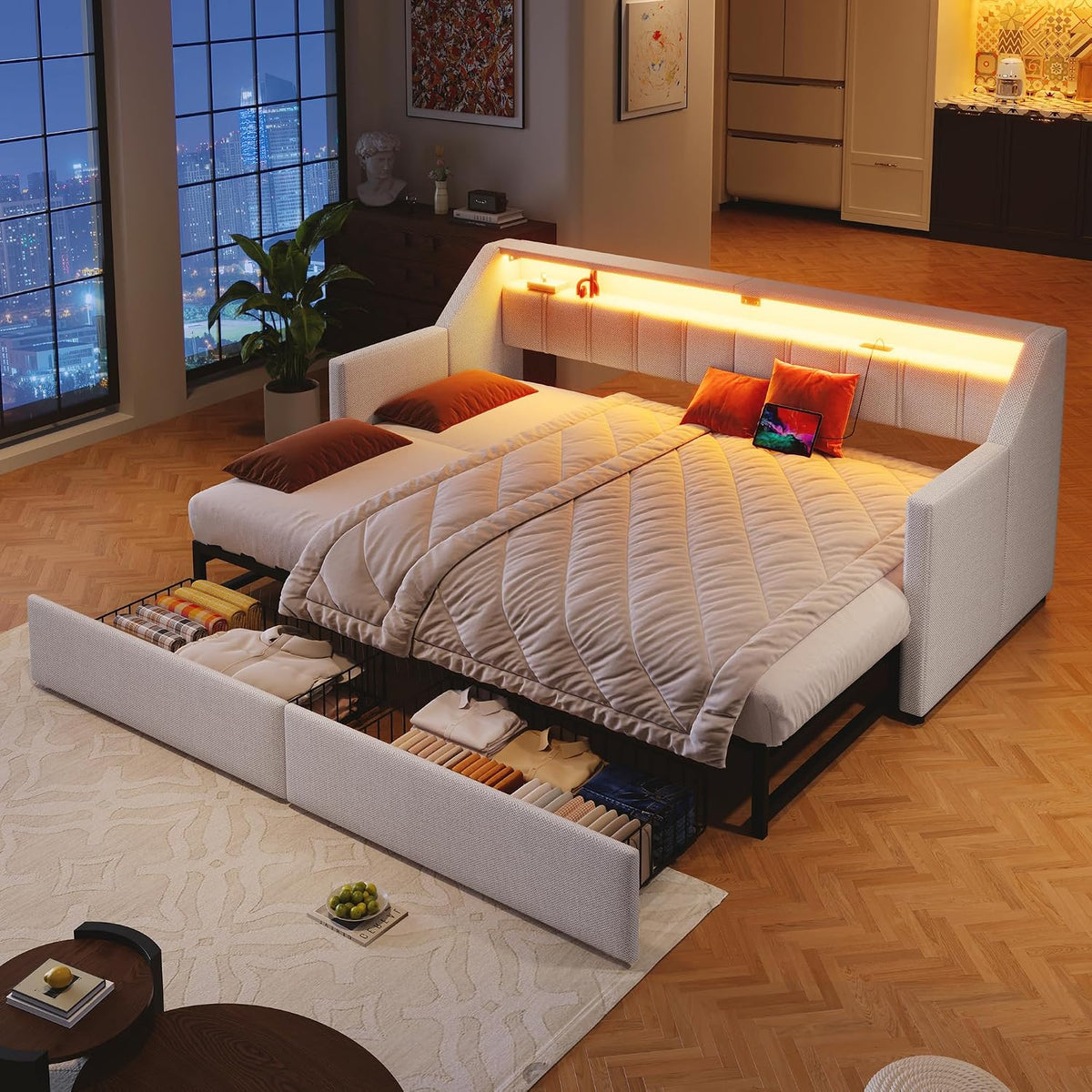 Bett Day, Tagesbett, Schlafsofa, 90 × 200cm/180 × 200cm, Mit USB und Type-C, LED-Leiste mit Fernbedienung, Mit 2 Schubladen, Stauraumtaschen