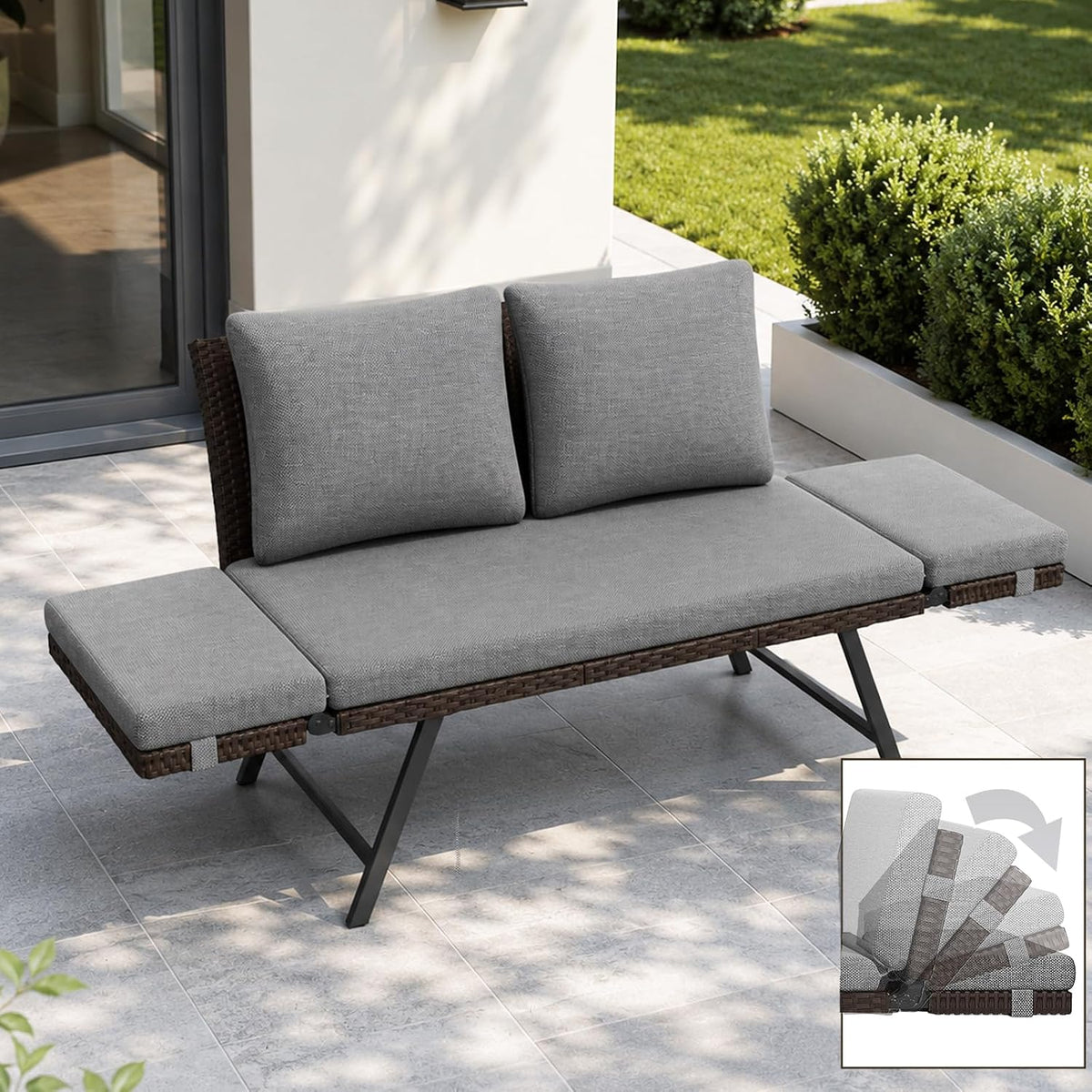 Sofa Polyrattan Lounge, 2 Personen Kissen, Outdoor Daybed Gartenliege mit Verstellbare Armlehnen, Sitzbank mit Schlaffunktion