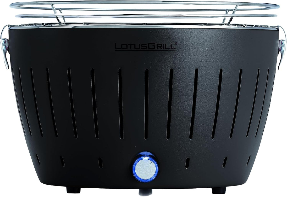 LotusGrill G340 Classic Anthrazitgrau der raucharme Holzkohlegrill, Tischgrill mit USB-Anschluß