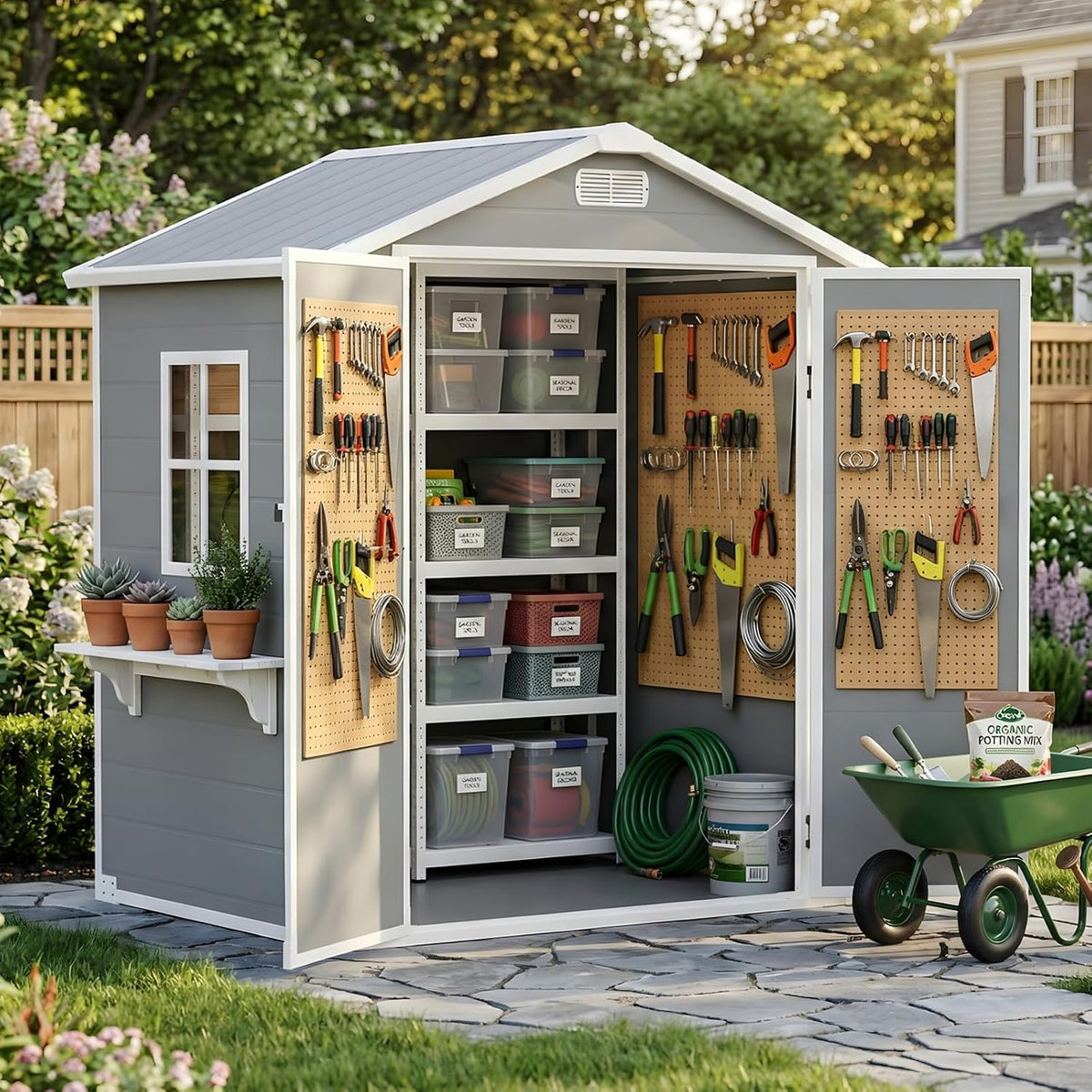 AIRAJ 6x4FT Gartenhaus, für den Außenbereich, Mit Boden, Allwetter-Harzmaterial, Mit Fenstern und abschließbaren Türen