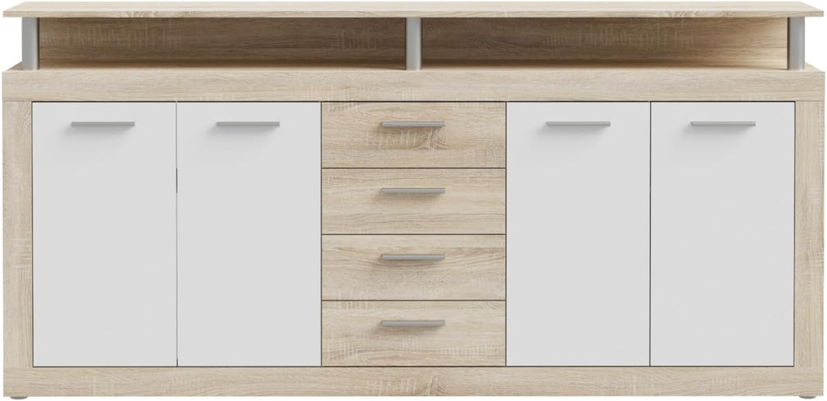 Kommode Cava, mit 4 Türen, 4 Schubladen und Aufsatz, Holzwerkstoff, Sonoma Eiche Dekor mit Weiß, B x H x T: 197, 5 × 94, 4 × 36, 3 cm, Forte