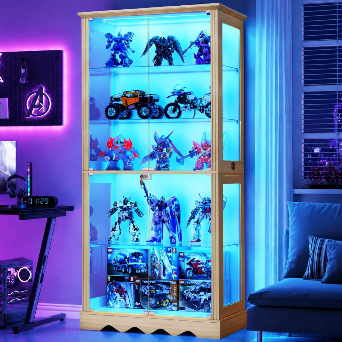 Lvifur 180cm 5-Lagen Glasvitrine, mit LED Beleuchtung und Glastüren, Holzfarbe