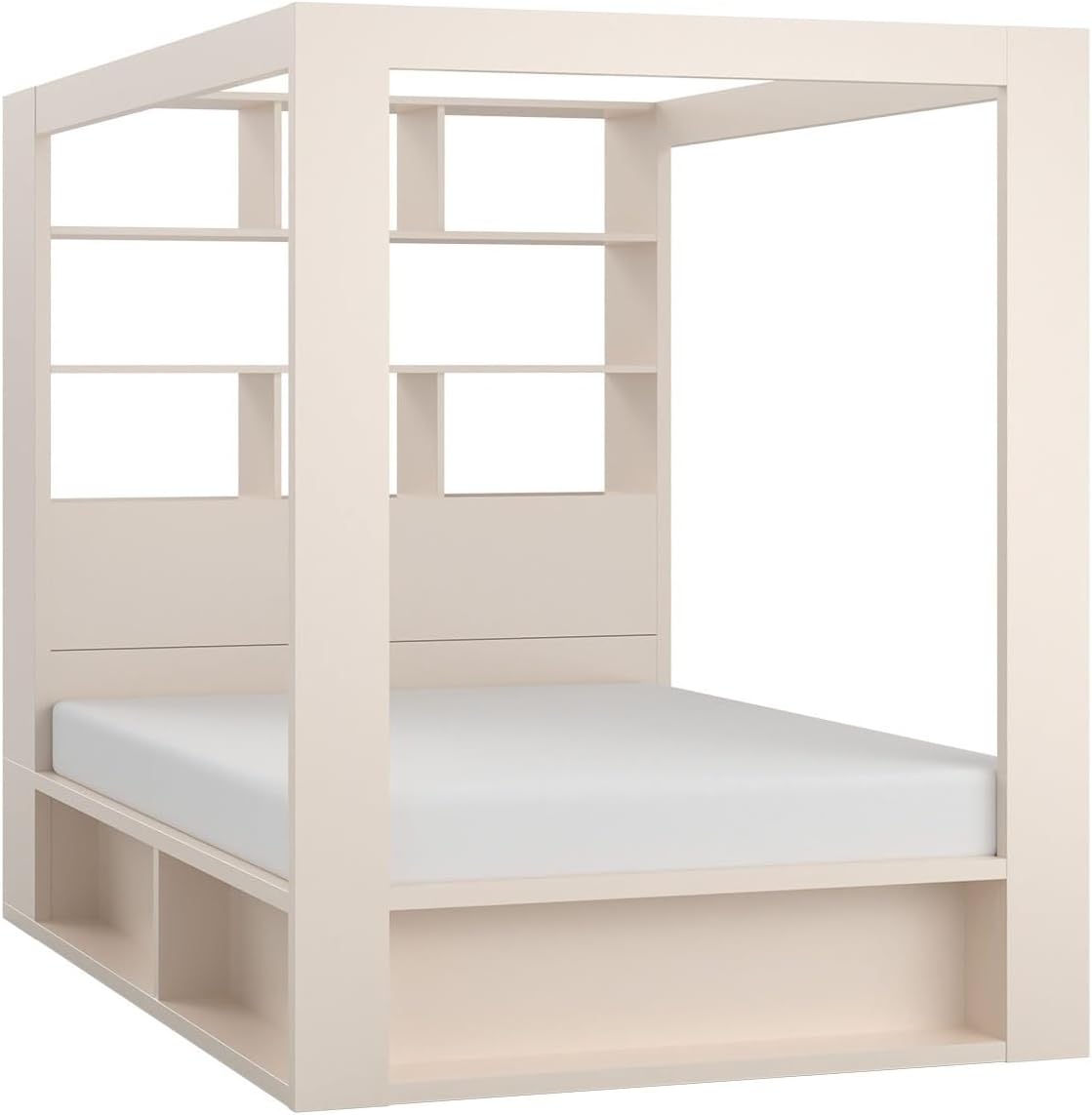 Bett Himmel, Calgary 160 × 200 sandbeige Doppelbett Ehebett mit Regalen, aufklappbarem Lattenrost und Bettkasten, Schlafzimmer modernes Design, QMM