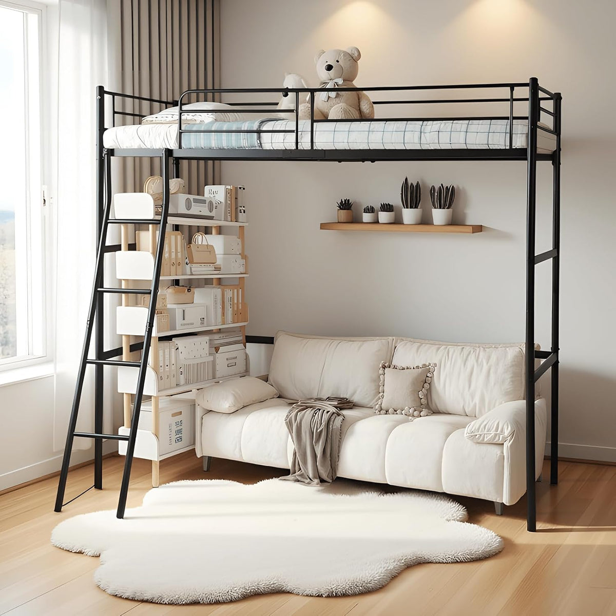 Kinderbett 90x200cm Hochbett, Bettrahmen Metallbett, Etagenbett mit Barriere und Schrägleiter, für Erwachsene Jugendliche und Kinder, Schwarz, FetiNes